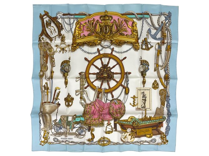 Hermès Foulard Hermes Carre 90 MUSEE Multicolore Blu chiaro