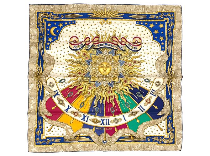 Hermès Lenço de seda Hermes CARPE 90 Azul Multicor