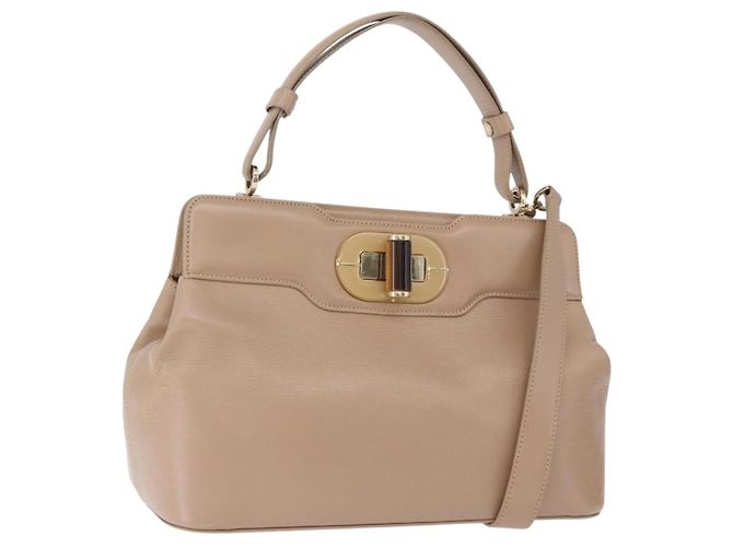 Bulgari Bolsa de mão BVLGARI em couro 2way Bege tom dourado Auth BA14579A