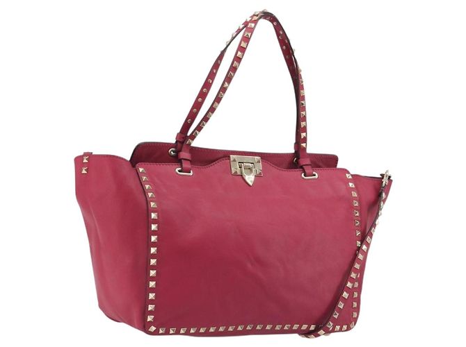 Saco Tote VALENTINO Studs em couro 2way Rosa Tom Dourado Auth BA14571