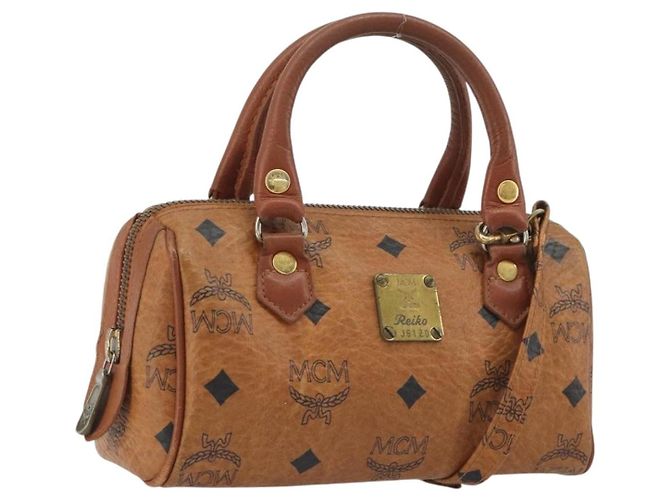 Bolsa MCM Logogram Vicetos Mini Boston Bag PVC Leather 2way Brown Gold Auth 192428A