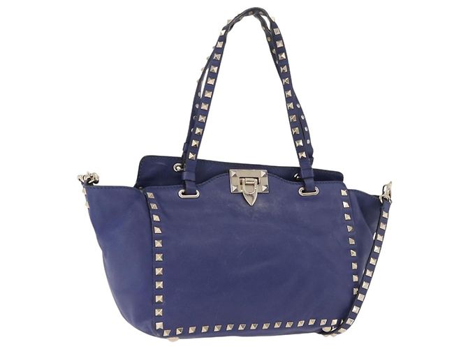 VALENTINO Studs Tote Bag Leder 2way Blau Goldfarben Auth BA14688