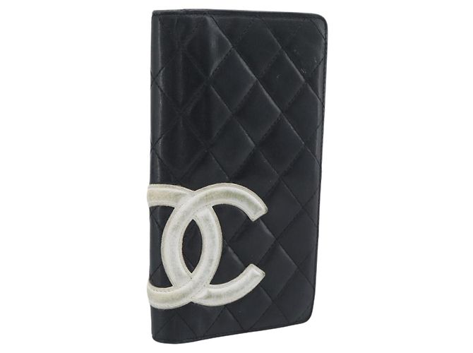 Portafoglio lungo CHANEL Matelasse Cambon Line in pelle nera e argento CC Auth bs36564 Nero