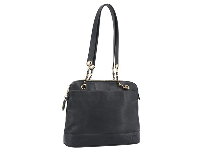 Saco Tote CHANEL Triple Coco Chain em couro Caviar Preto e Ouro CC Auth 194844V Dourado