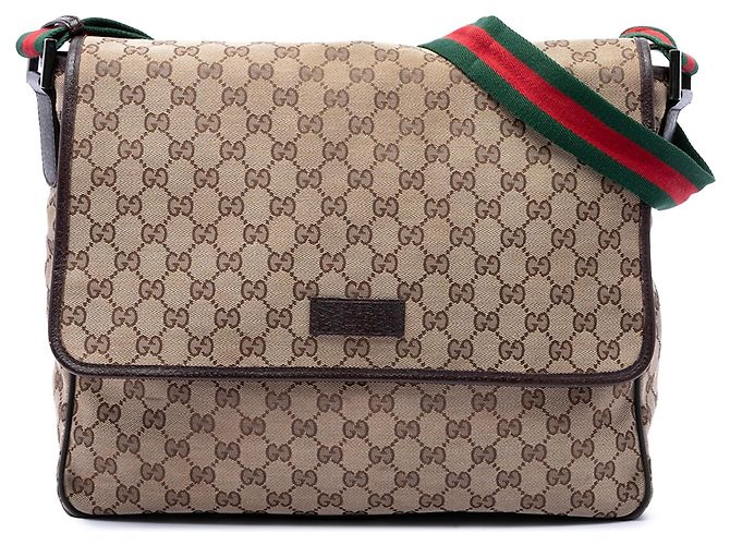 Bolsa Messenger com Aba Gucci GG Canvas Web Bege