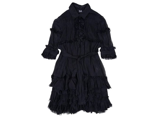 Dolce & Gabbana Chiffon-Sommer-Midikleid mit Rüschen aus den 2000ern Schwarz