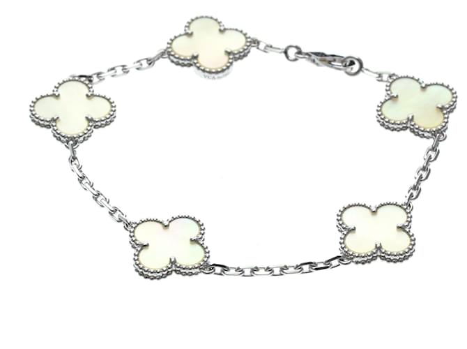 Van Cleef & Arpels Vintage Alhambra Bracelet in White Gold with Mother of Pearl Charm Silvery 