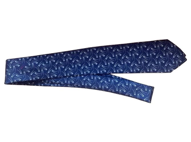 Cravatta Hermès in seta blu navy e bianca Bianco 
