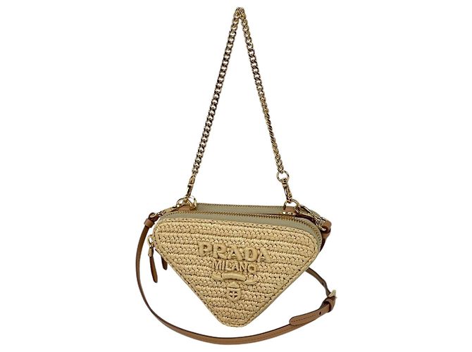 Prada Crochet Triangle 3-Way Raffia Bag Brown