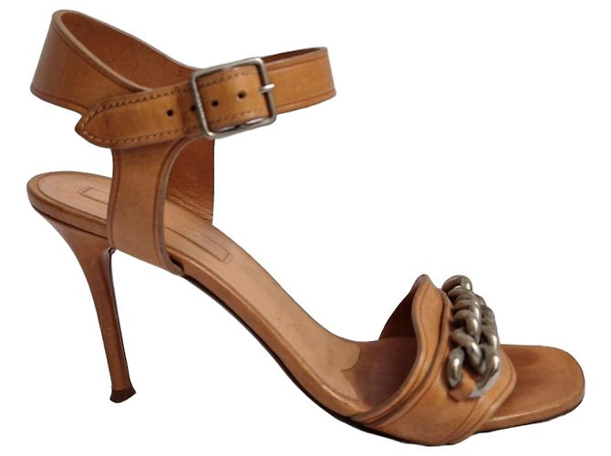 Céline Celine Leather Chain Heeled Sandals Brown