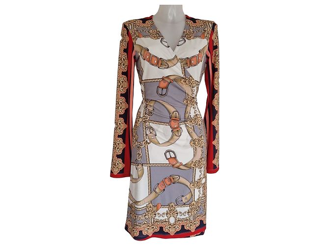 Autre Marque Anni Carlsson Gemustertes Midikleid Braun Weiß Rot Blau Golden Grau