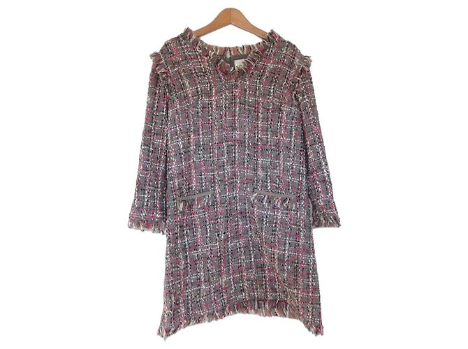 Autre Marque Vestido de Tweed con Escote en V y Flecos Chesty Castaño