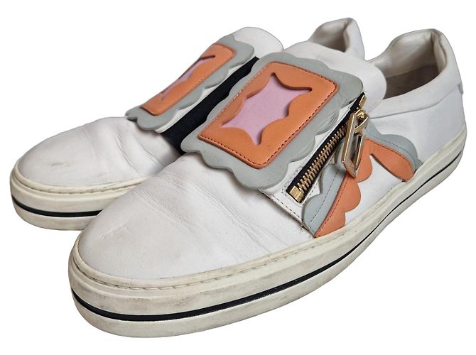Roger Vivier Sneakers Slip-On in Pelle Bianca Appliqué Multicolore Nero Rosa Bianco Arancione Grigio