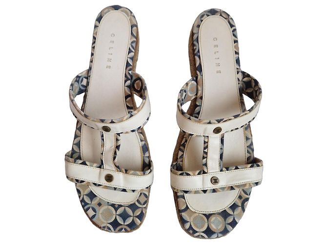 Céline Celine Sandales compensées espadrilles Blanc Bleu Beige