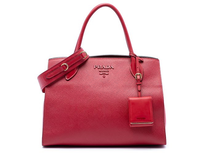 Prada Sac Tote à poignées Monochrome en cuir Saffiano rouge taille Medium