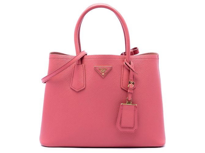 Prada Bolsa Double Satchel em Couro Saffiano Rosa Medium