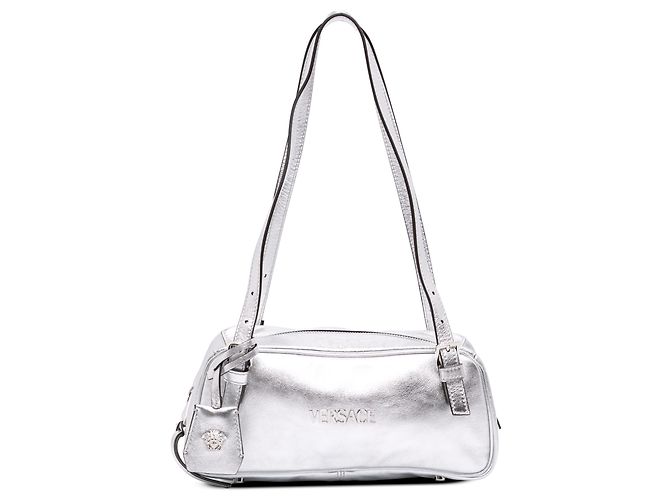 Borsa Bowling Versace in pelle metallizzata argento con etichetta