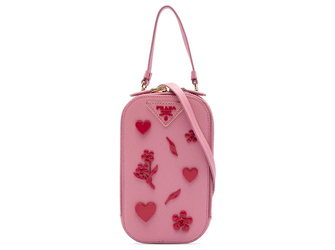 Bolsa para Telemóvel Prada em Saffiano Lux Rosa com Ornamentos