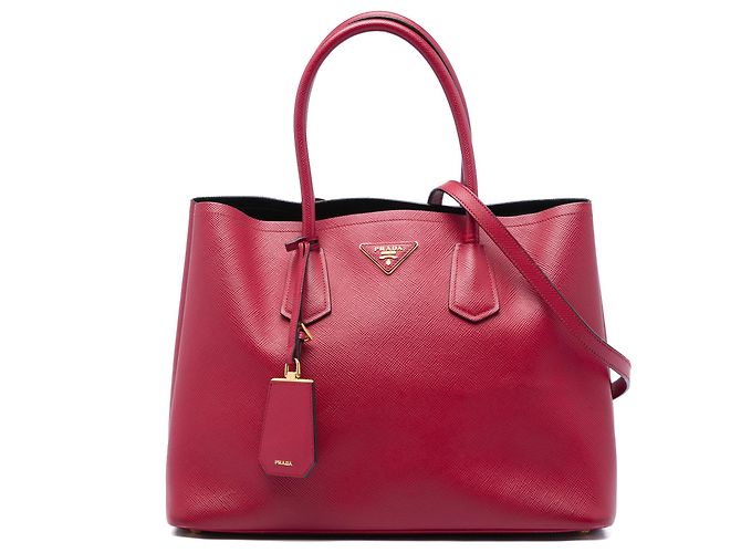 Prada Sac Satchel Double Large en Cuir Saffiano Rouge
