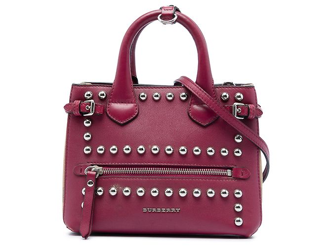 Bolsa Satchel Banner Burberry em couro com tachas roxa e House Check para bebê