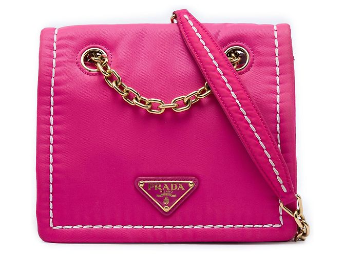 Prada Bolsa Crossbody com Aba e Corrente em Tessuto Rosa Small