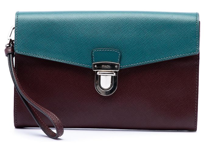 Clutch Prada Red Bicolor Saffiano Envelope Push Lock Rosso Bordò