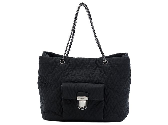 Tote Prada em Tessuto Impuntu Preto com Corrente