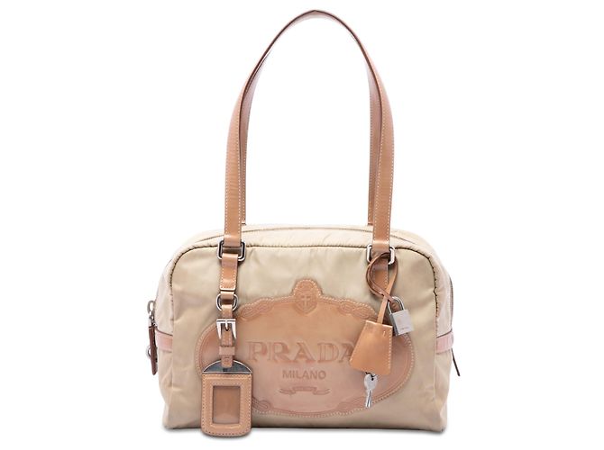 Borsa a tracolla Prada in Tessuto Canapa Beige con logo