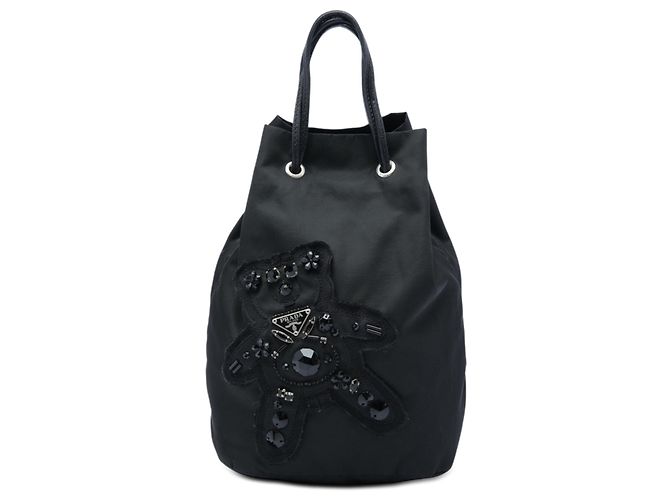 Prada Black Beaded Tessuto Evening Bear Drawstring Bucket Bag