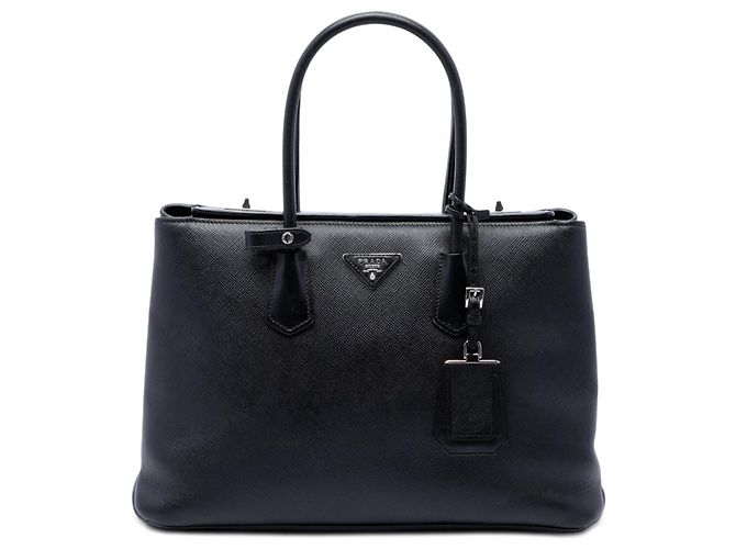 Prada Bolsa Satchel Twin em Couro Saffiano Preto com Fecho Turnlock