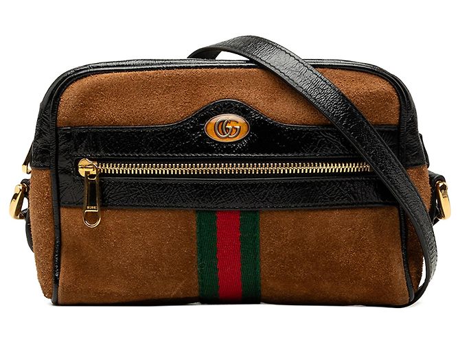 Gucci Mini Borsa a Tracolla Ophidia in Suede Marrone con Web