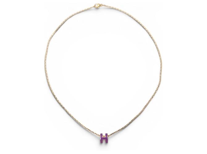 Hermès NEW HERMES POP H MINI NECKLACE GOLD CHAIN PURPLE LACQUER PENDANT 