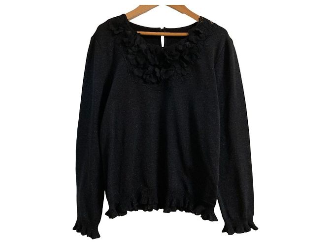 Autre Marque Leilian Mesh-Blumen-Lamé-Strickpullover Schwarz