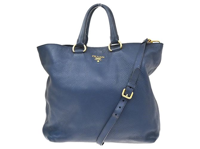 Sac Shopper Convertible Prada Vitello Daino Large Bleu Marine