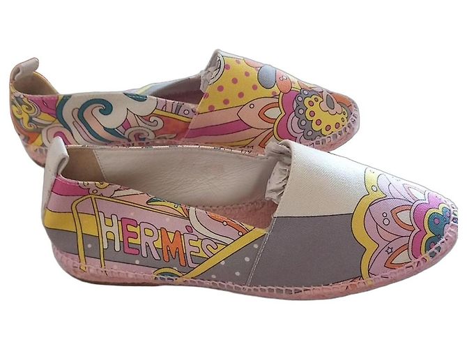 Espadrilles Hermès en toile imprimé coloré Rose Multicolore Vert Orange Gris Jaune