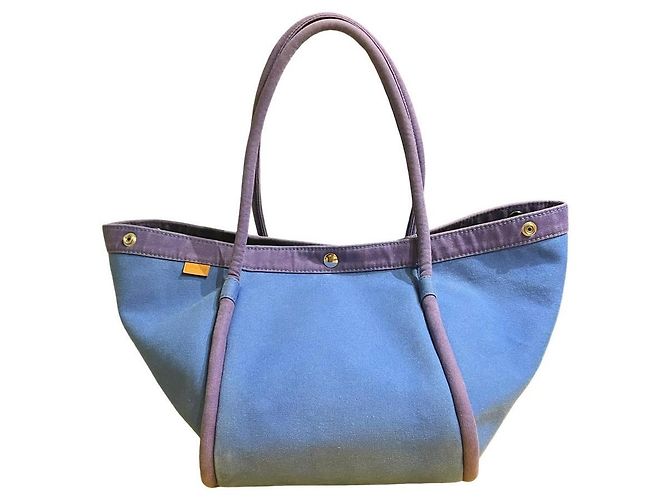 Hermès Lindy Beach Saco Cabas em Lona Azul e Couro Roxo