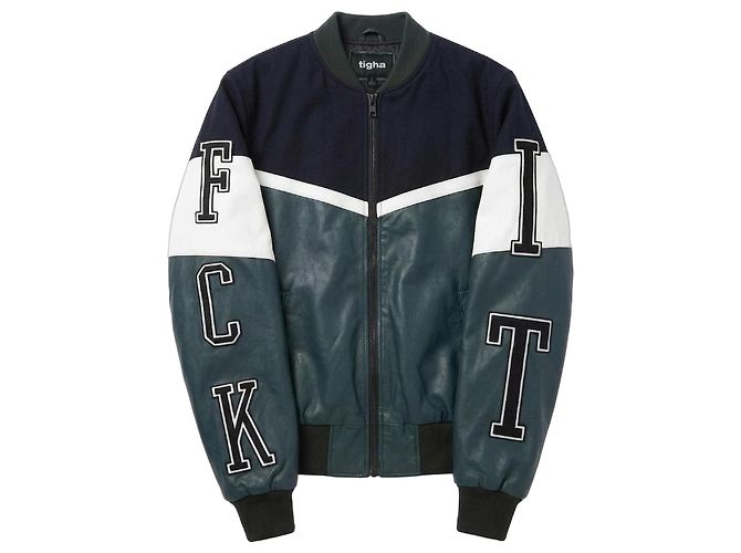 Autre Marque Giacca Bomber Varsity Tigha Lana e Pelle Nero Bianco Verde scuro