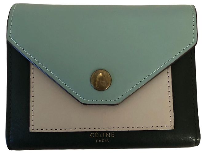 Céline Celine Tricolor Trifold Leather Wallet Beige Green
