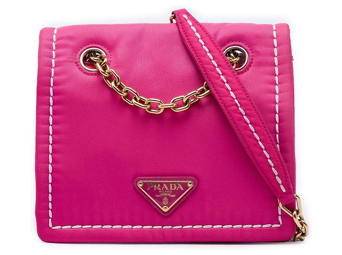 Bolsa Tiracolo Prada Small Tessuto com Aba e Corrente Rosa