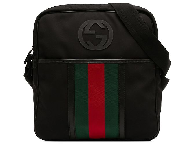 Borsa a tracolla Gucci in nylon nero con G intrecciate e Web