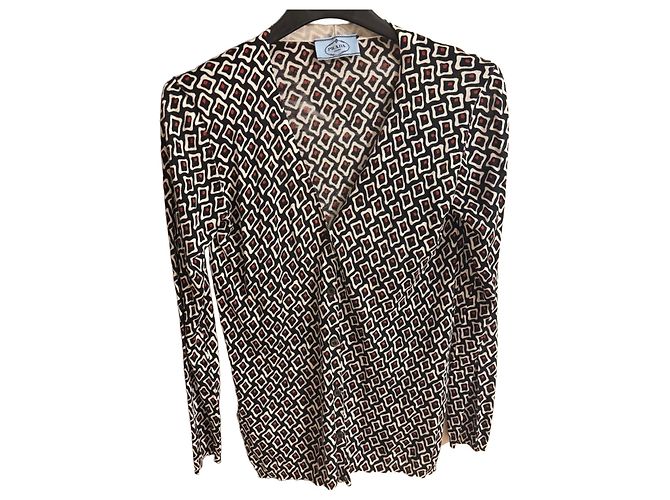 Prada Seiden-Cardigan mit geometrischem Muster Schwarz Weiß Rot