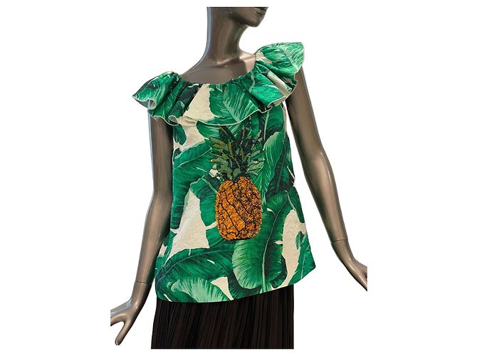 Dolce & Gabbana Pailletten-Top mit tropischem Ananas-Print Weiß Grün
