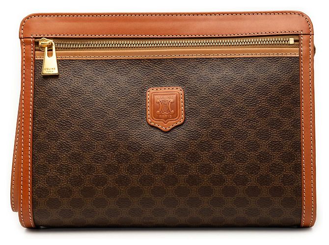 Céline Clutch Celine Brown Macadam Coated Canvas Marrone
