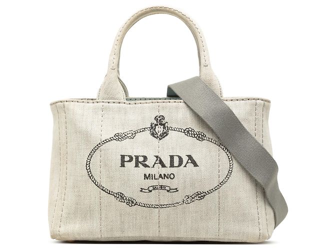 Tote Sac cabas Prada Small Denim Canapa Logo Gris Marron