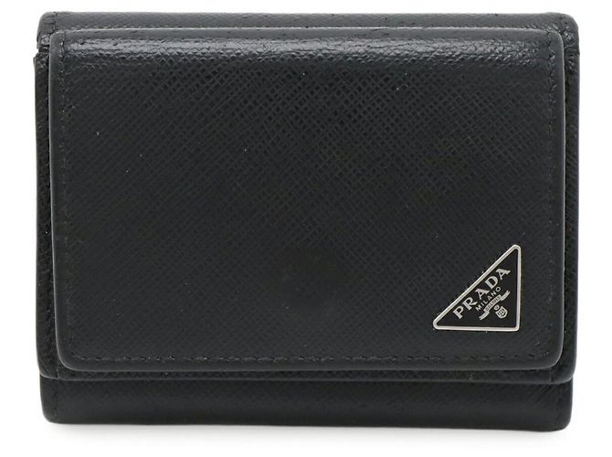 Prada Triangle Logo Saffiano Leather Trifold Wallet Black