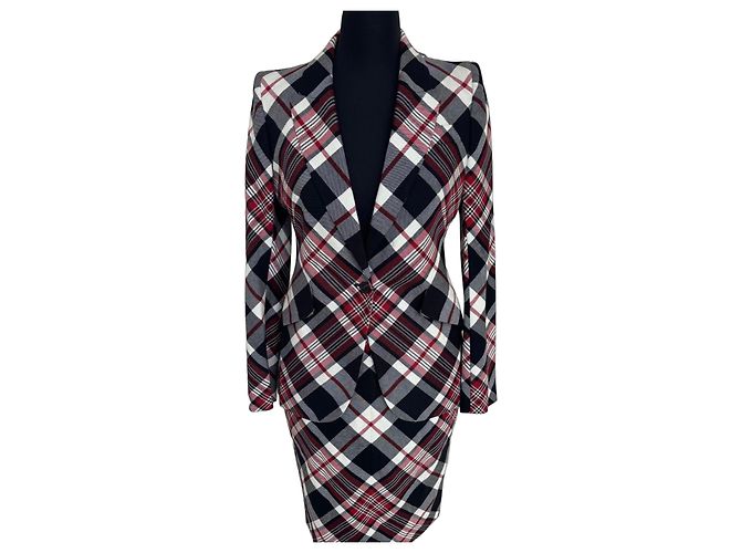 Set Blazer e Gonna in Misto Lana a Quadri Alexander McQueen Nero Bianco Rosso Grigio
