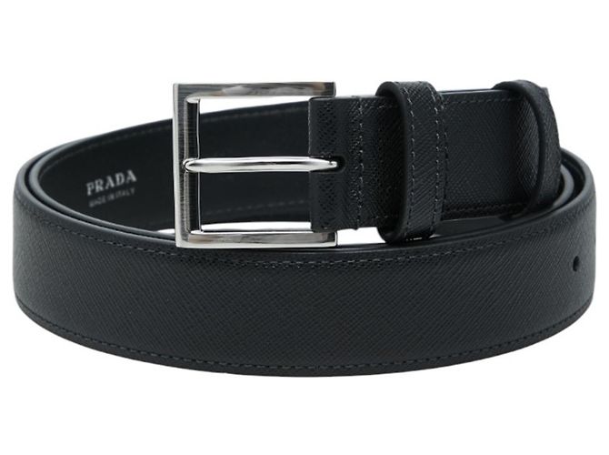 Prada Triangle Logo Plate Saffiano Belt Black Silvery