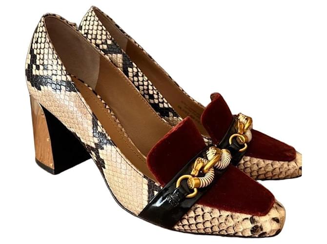 Tory Burch Women's Snake Print Velvet Loafer Heels Brown Black Gold hardware 