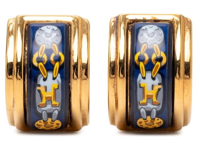 Hermès Boucles d'oreilles émaillées Cloisonné Hermes Bleu Doré 