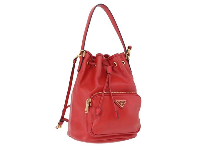Bolsa de mão PRADA em couro 2way Vermelho Ouro Auth BA14119V Dourado